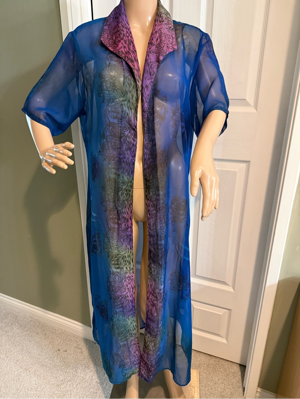 Vintage Nelly K Sheer Chiffon Duster Topper Boho Blue Floral Womens M